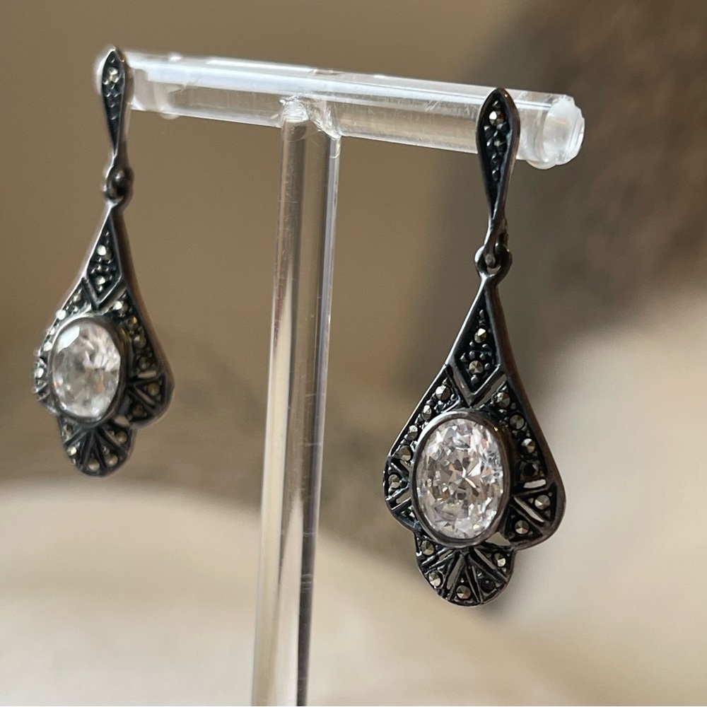 .925 STERLING|SIGNED KG|Marcasite Clear Crystal Center Stone Drop Earrings|VTG